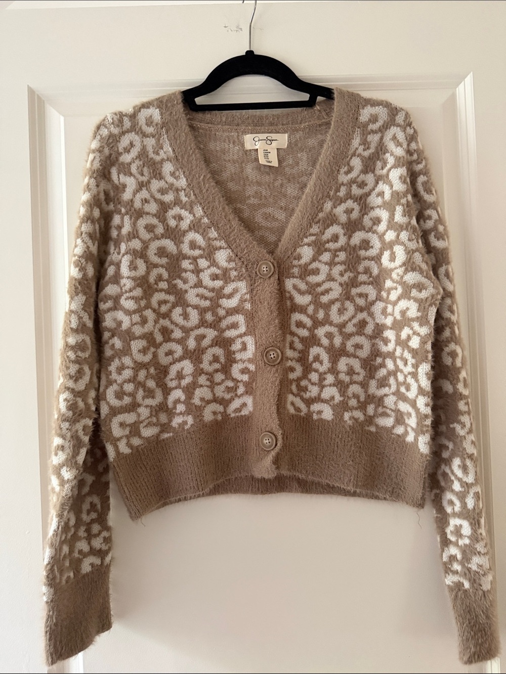 Jessica Simpson Taupe and White Leopard-Print V-Neck Cardigan
